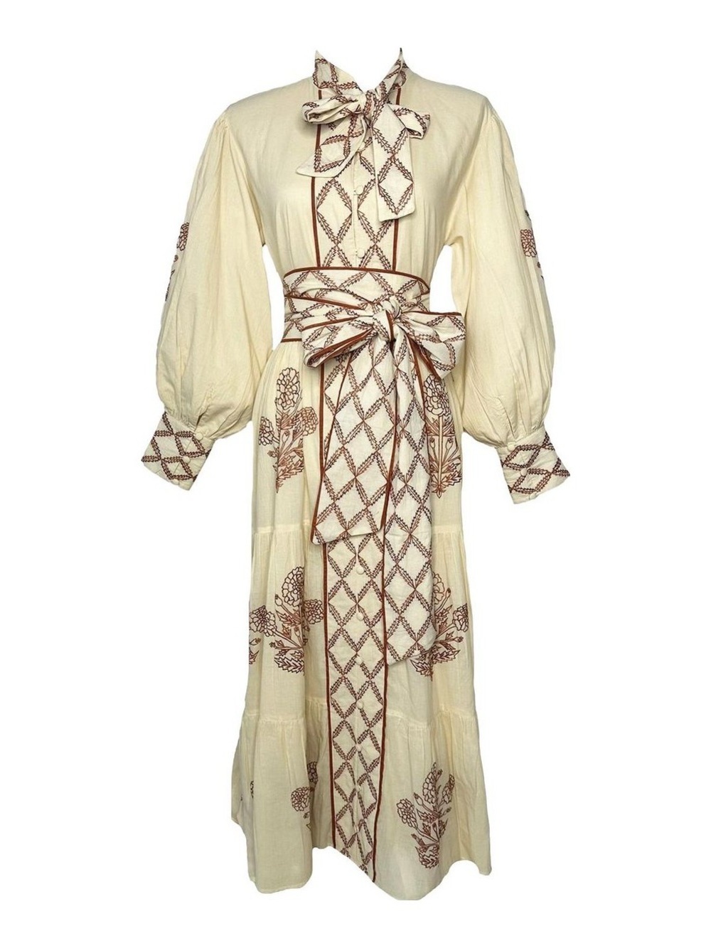 Embroidered Tie-Belt Maxi Dress in Cream with Brown Accents